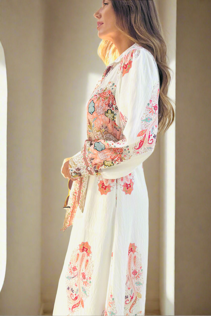 Gidget Embroidered Print Dress in Off White