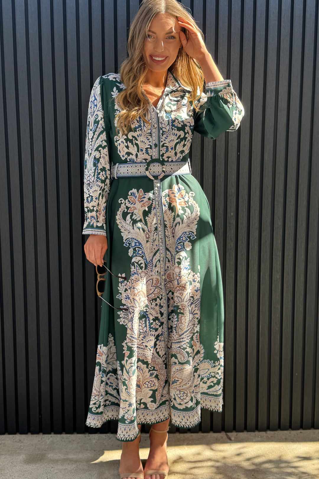 Lopez Long Sleeve Dress in Green Embroidered Print