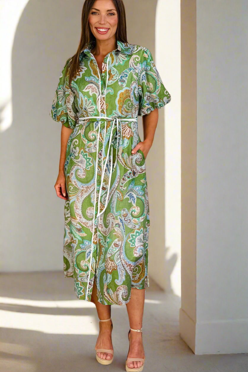 Leah Paisley Dress in Green Print