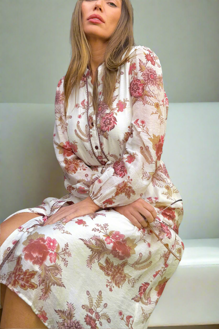 Abigail Midi Print Dress in Off White and Claret.