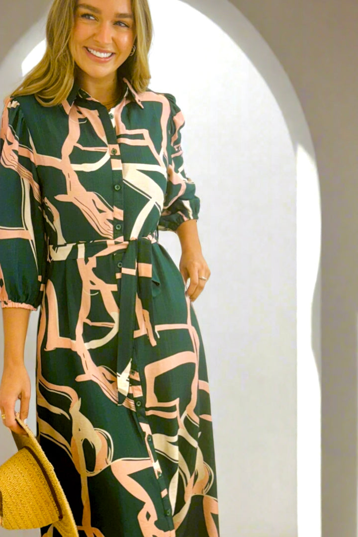 Marlow Midi Shirt Dress in Green and Pink Print