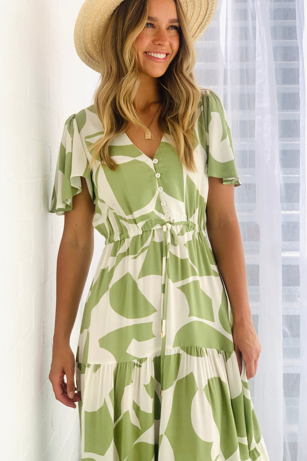 Santorini Midi  Dress In Avocado and Cream Print