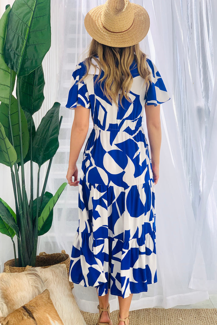 Santorini Midi Dress in Blue and White Print