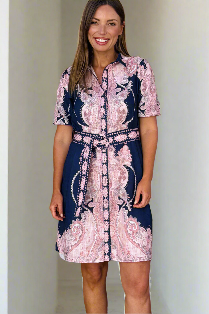 Greta Embroidered Print Shirt Dress in Navy and Pink
