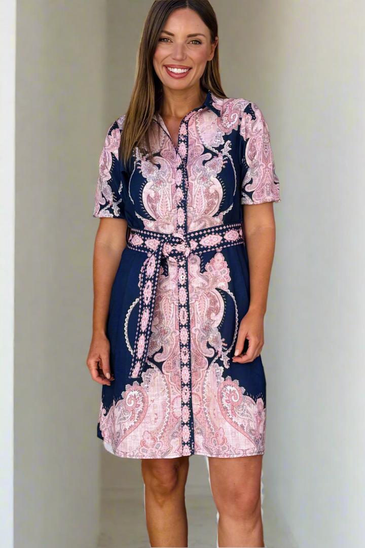 Greta Embroidered Print Shirt Dress in Navy and Pink