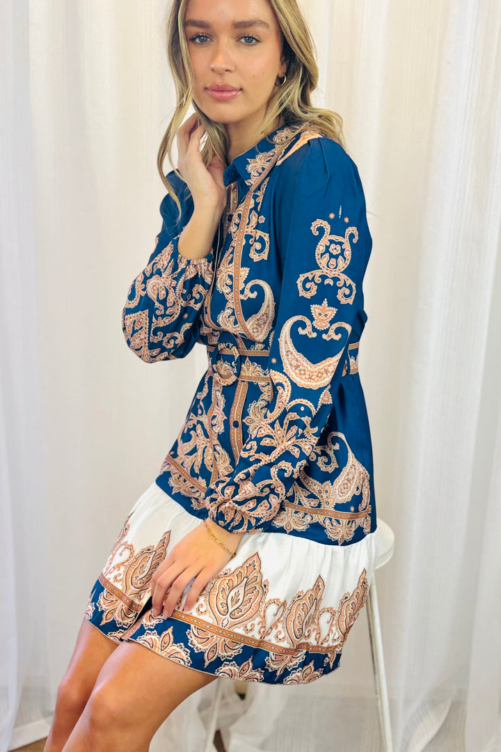 Bonnie Embroidered Print Short Dress In Navy