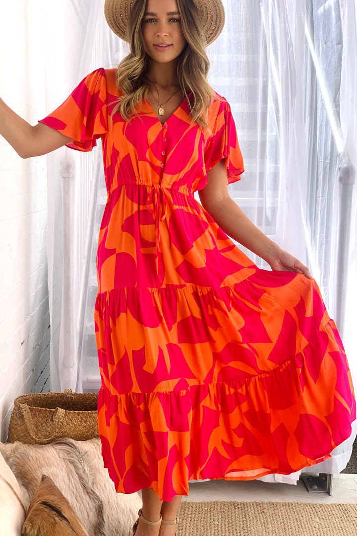 Santorini Midi Dress  in Orange and Hot Pink