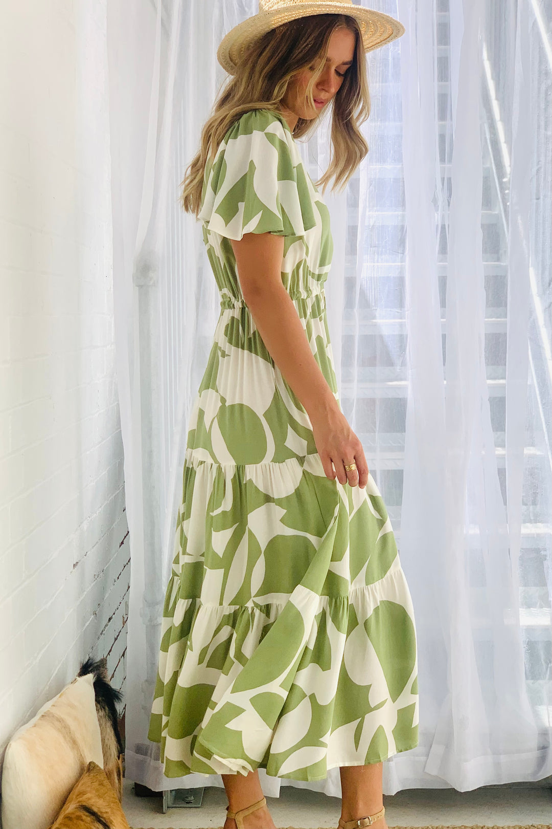 Santorini Midi  Dress In Avocado and Cream Print