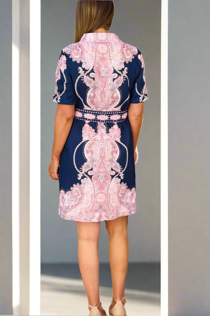 Greta Embroidered Print Shirt Dress in Navy and Pink