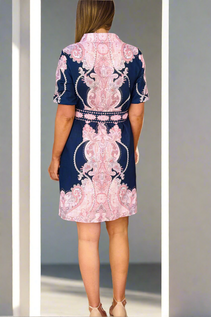 Greta Embroidered Print Shirt Dress in Navy and Pink