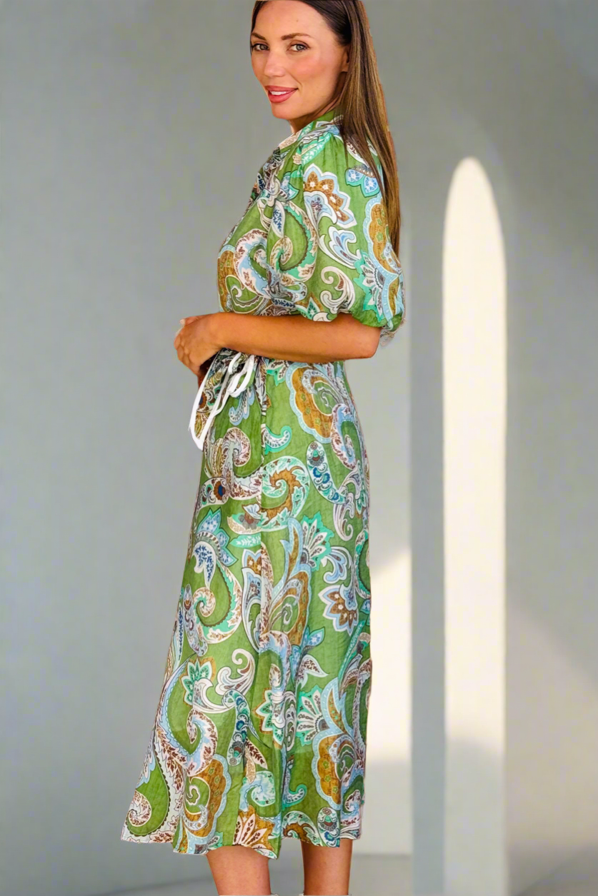 Leah Paisley Dress in Green Print