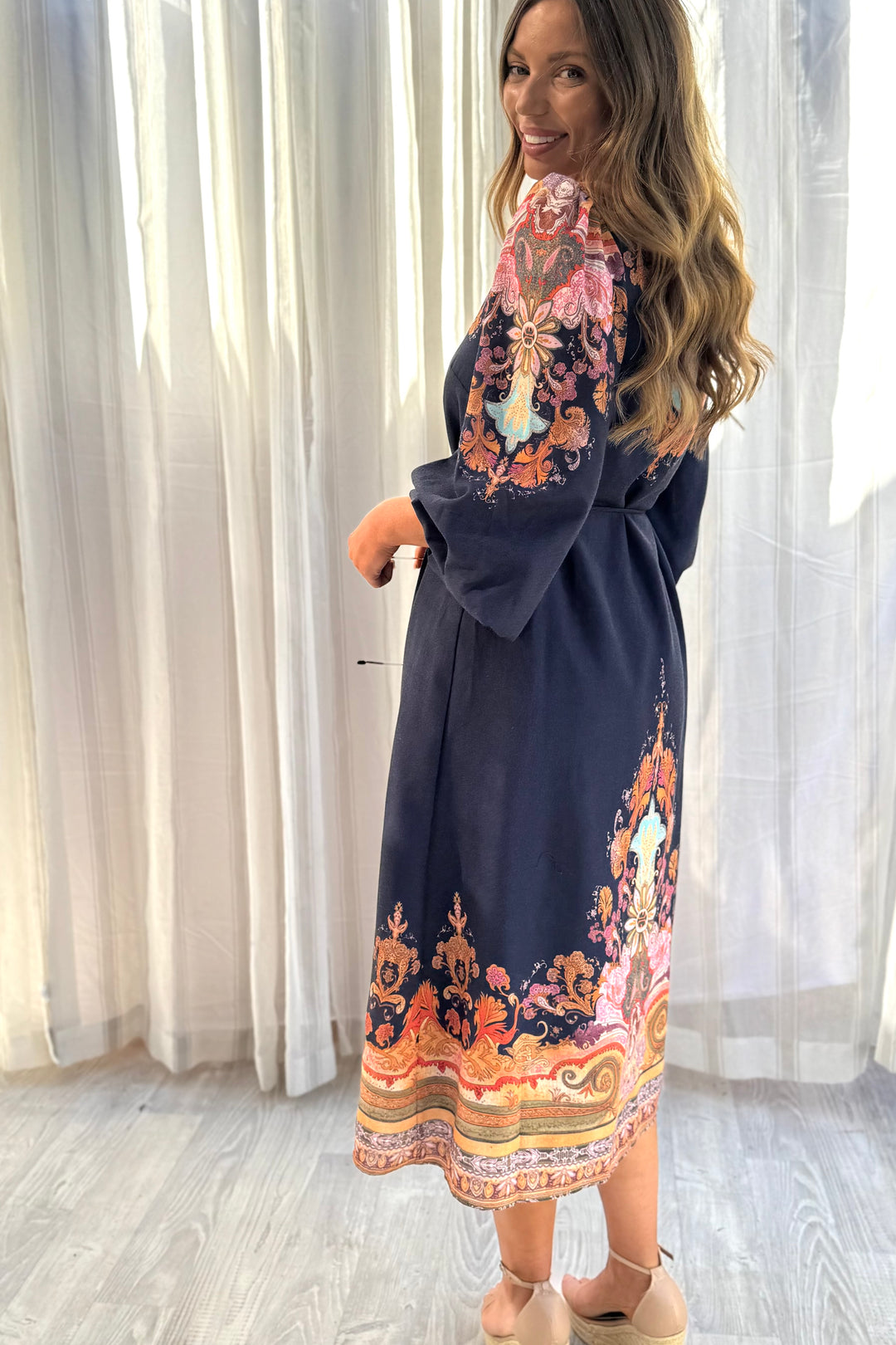 Alani Navy Embroidered Print Midi Dress
