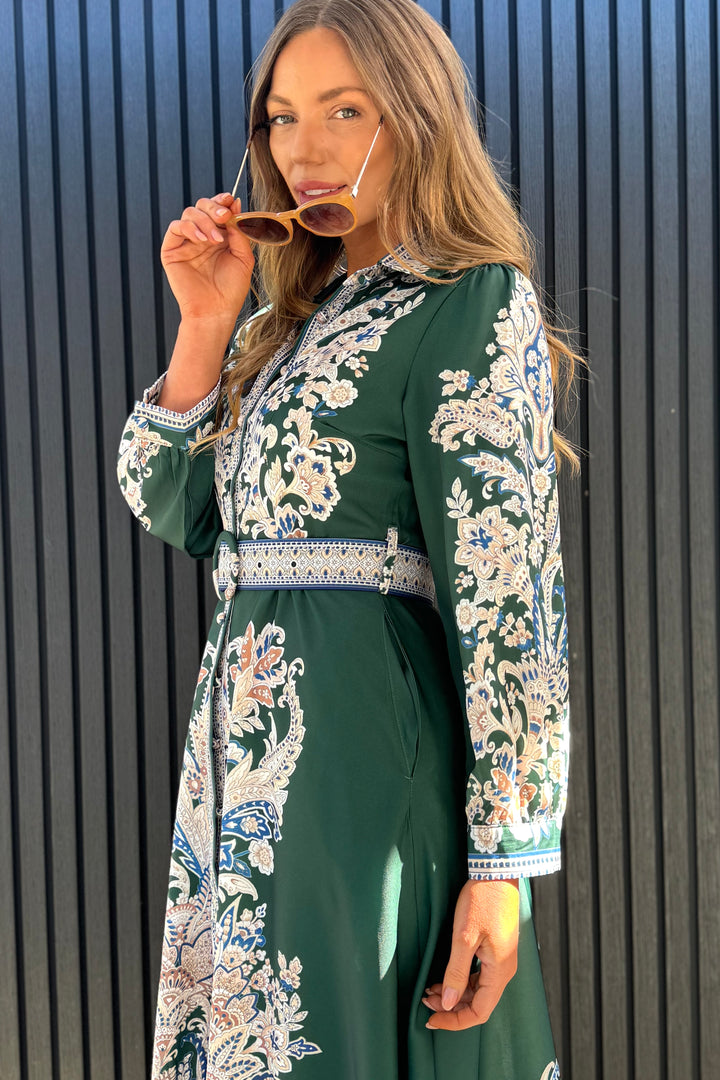 Lopez Long Sleeve Dress in Green Embroidered Print