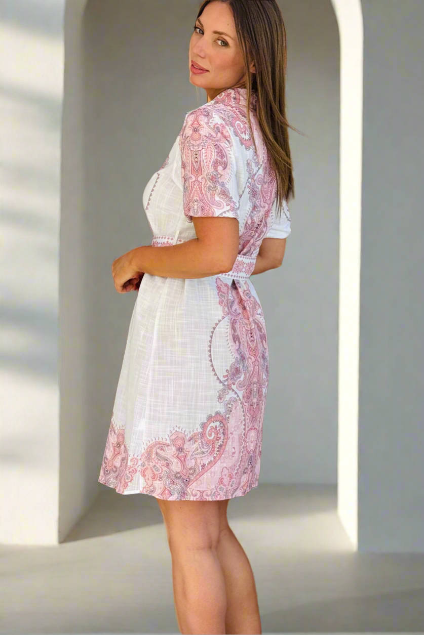 Greta White Shirt Dress with Pink Embroidered Print