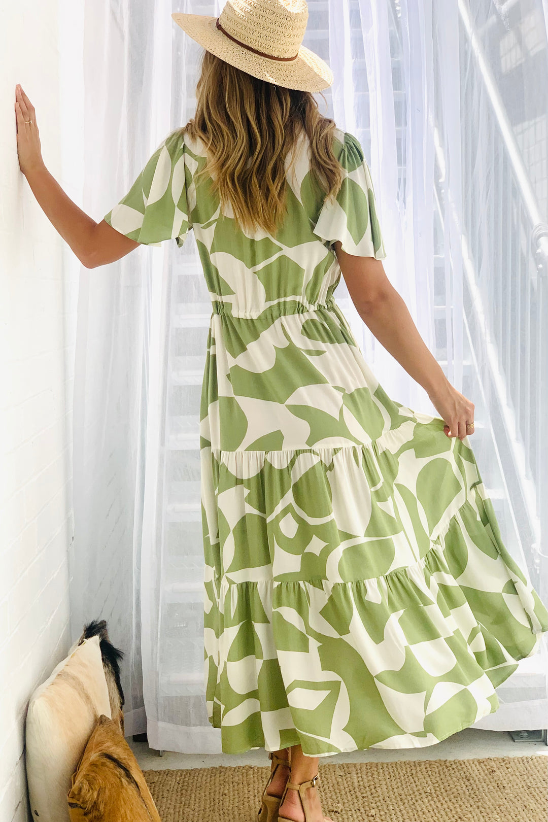 Santorini Midi  Dress In Avocado and Cream Print