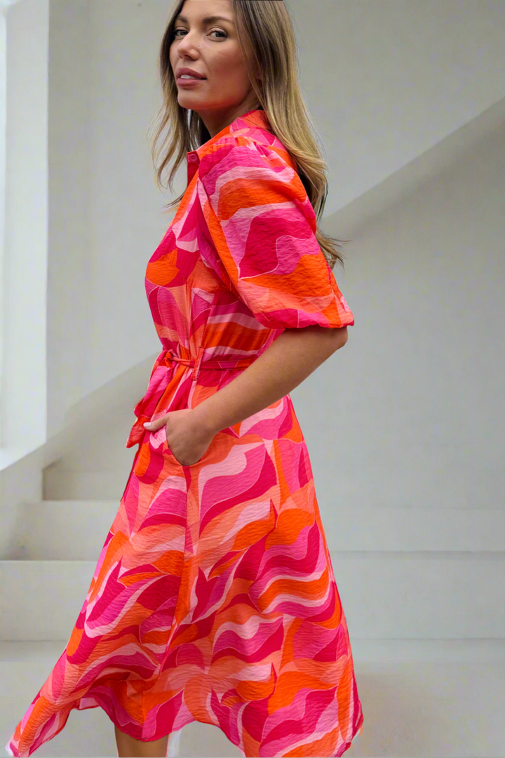 Fallon Shirt Dress In Pink and Orange Multi Print-Coming Soon