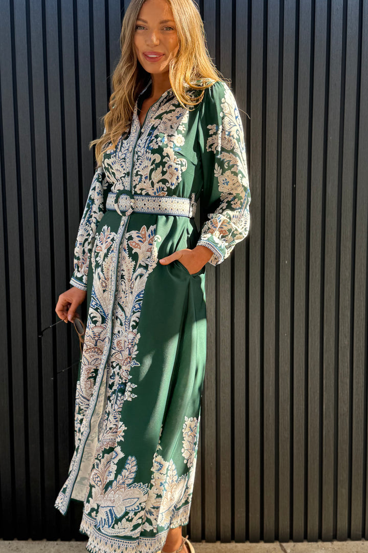 Lopez Long Sleeve Dress in Green Embroidered Print