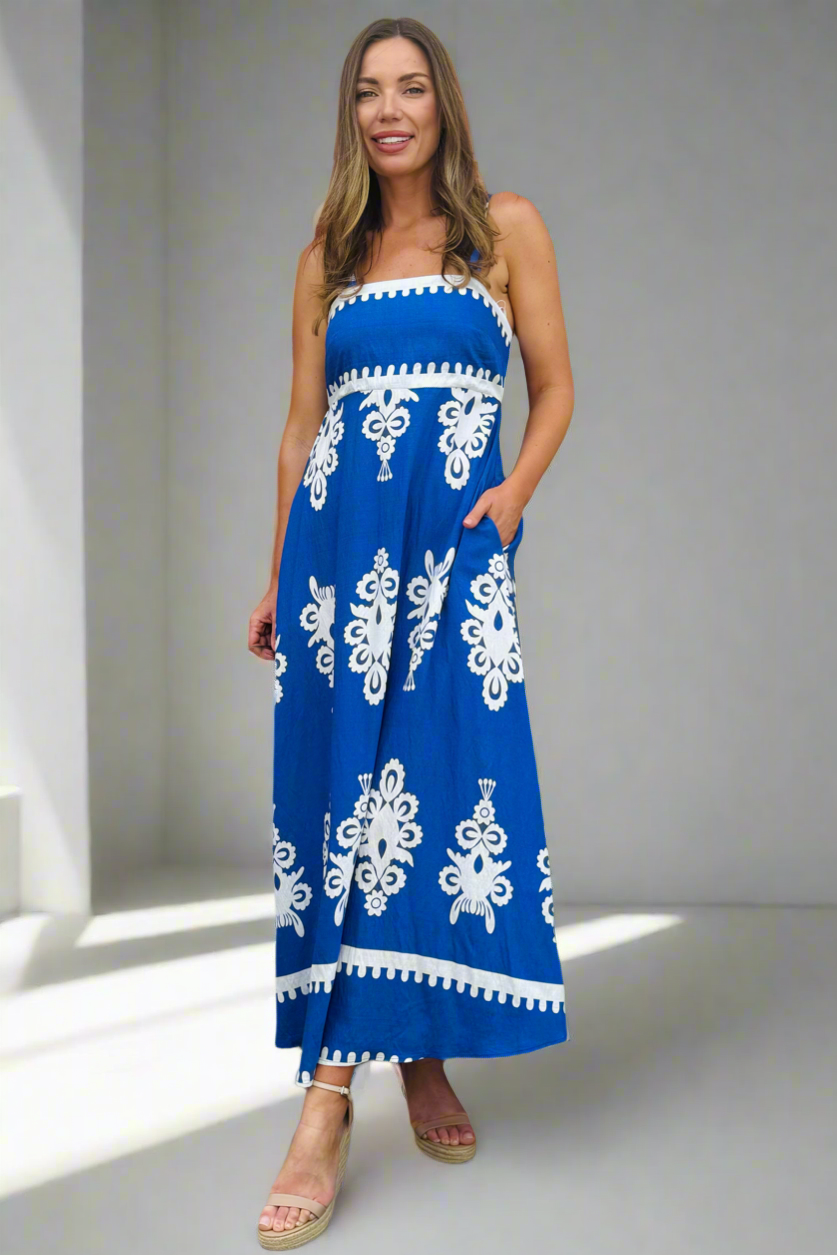 Positano Embroidery Print Maxi Dress in Blue