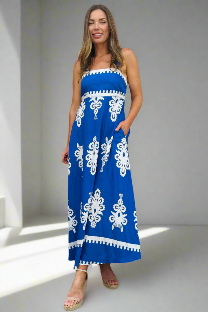 Positano Embroidery Print Maxi Dress in Blue