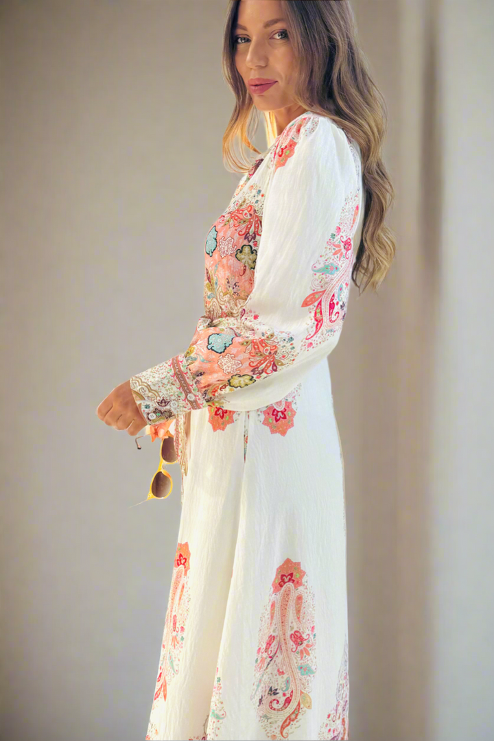 Gidget Embroidered Print Dress in Off White