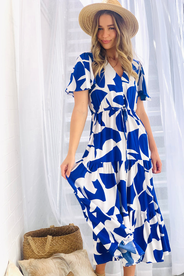 Santorini Midi Dress in Blue and White Print