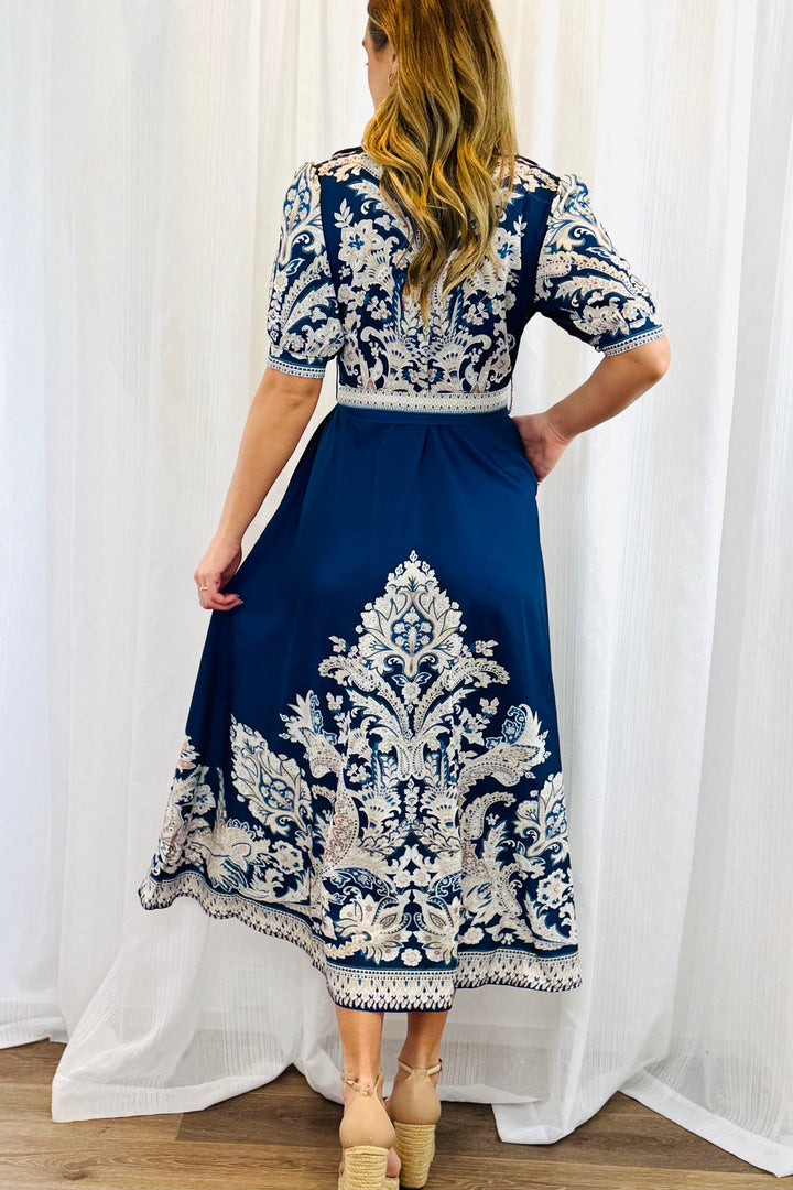 Lopez Embroidered Print Shirt Dress  In Navy