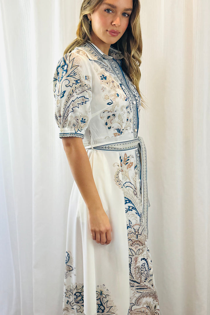 Lopez Embroidered Print Dress  in White