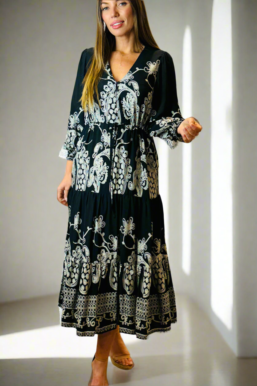 Davina Midi Dress in Black and White Print