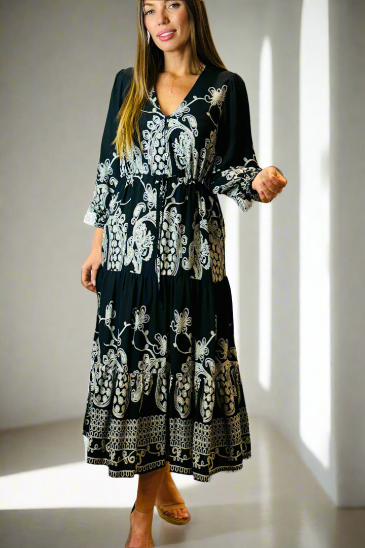 Davina Midi Dress in Black and White Print