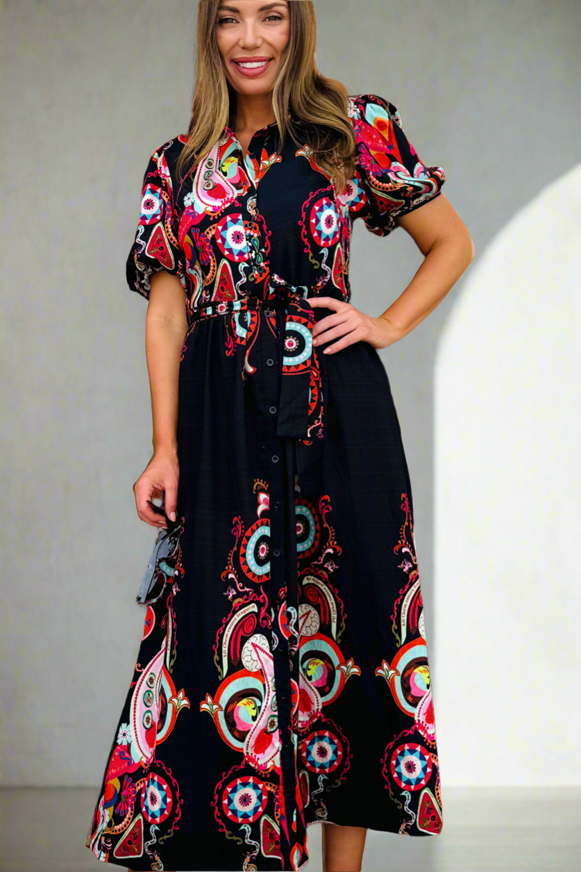 Ebony Printed Shirt Dress in Black Print