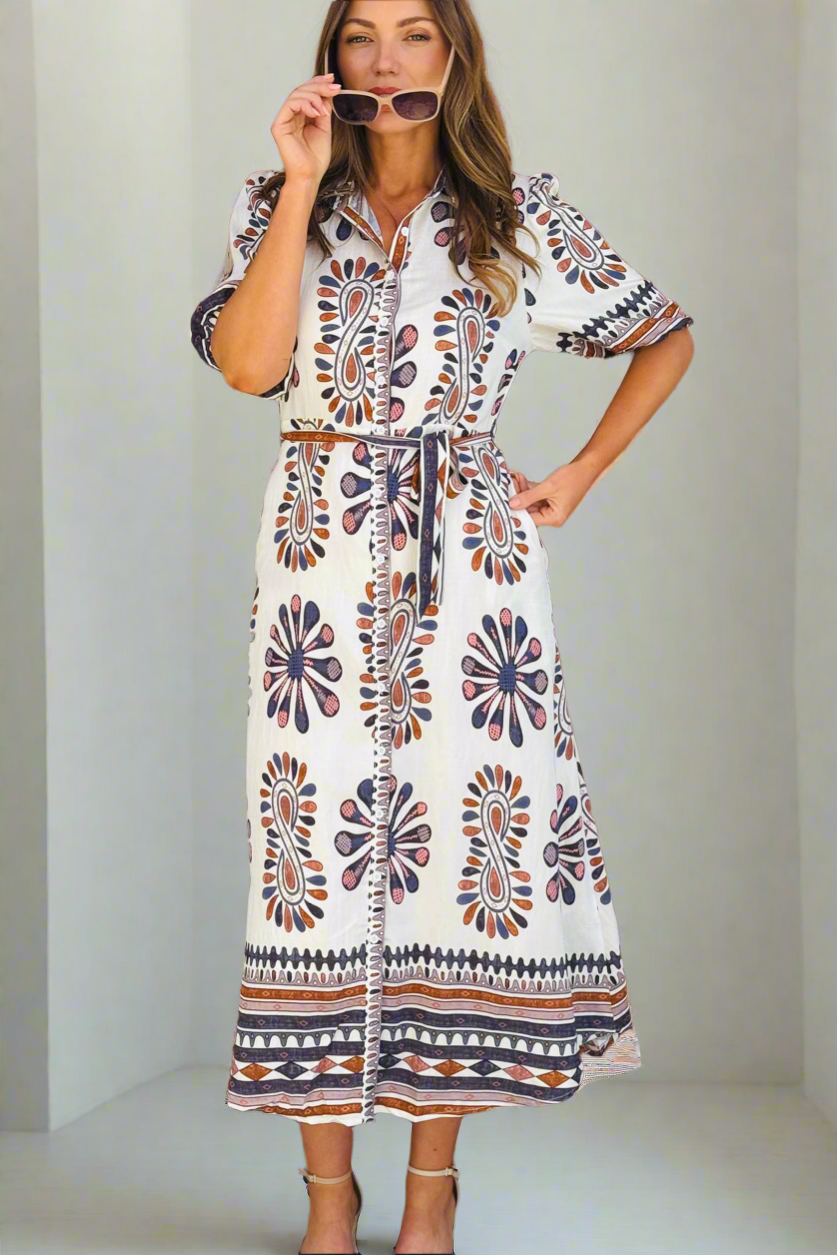 Campbell Midi Shirt Dress in Off White and Dark Navy Print