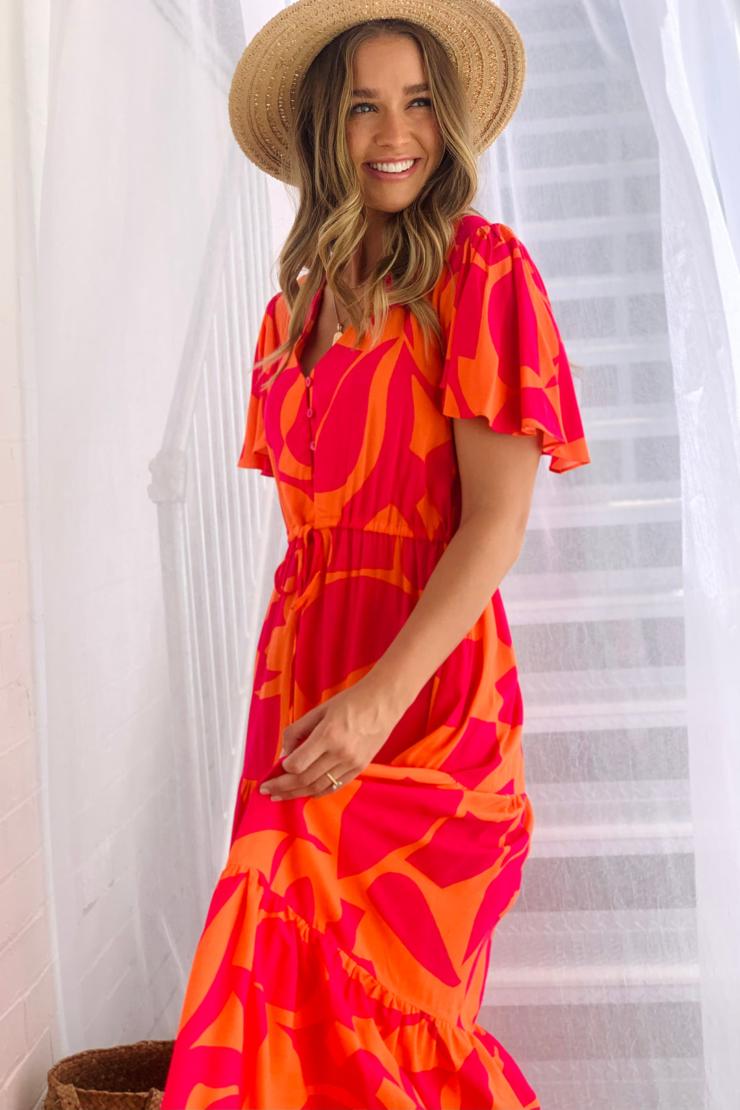 Santorini Midi Dress  in Orange and Hot Pink