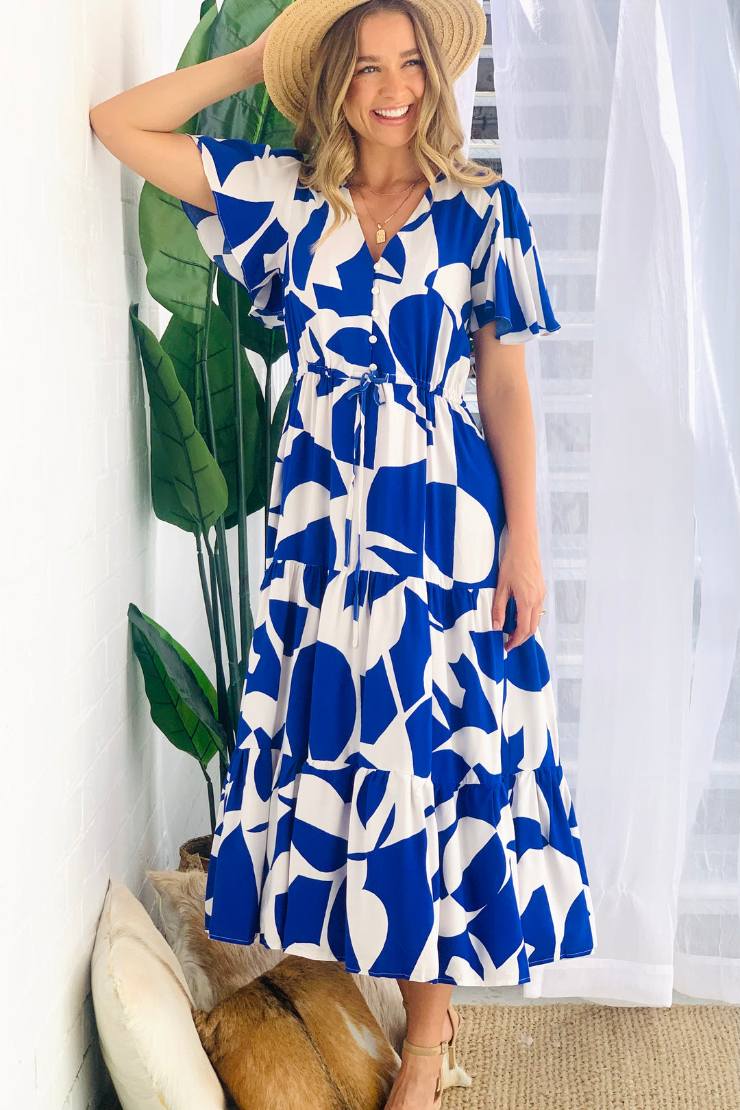 Santorini Midi Dress in Blue and White Print
