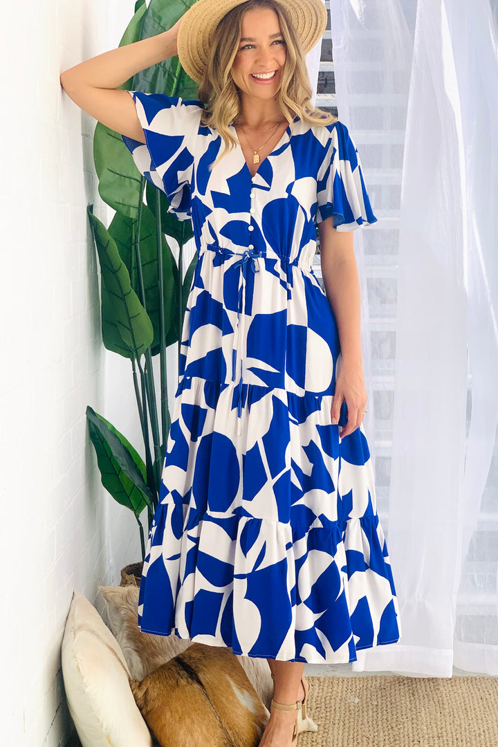Santorini Midi Dress in Blue and White Print