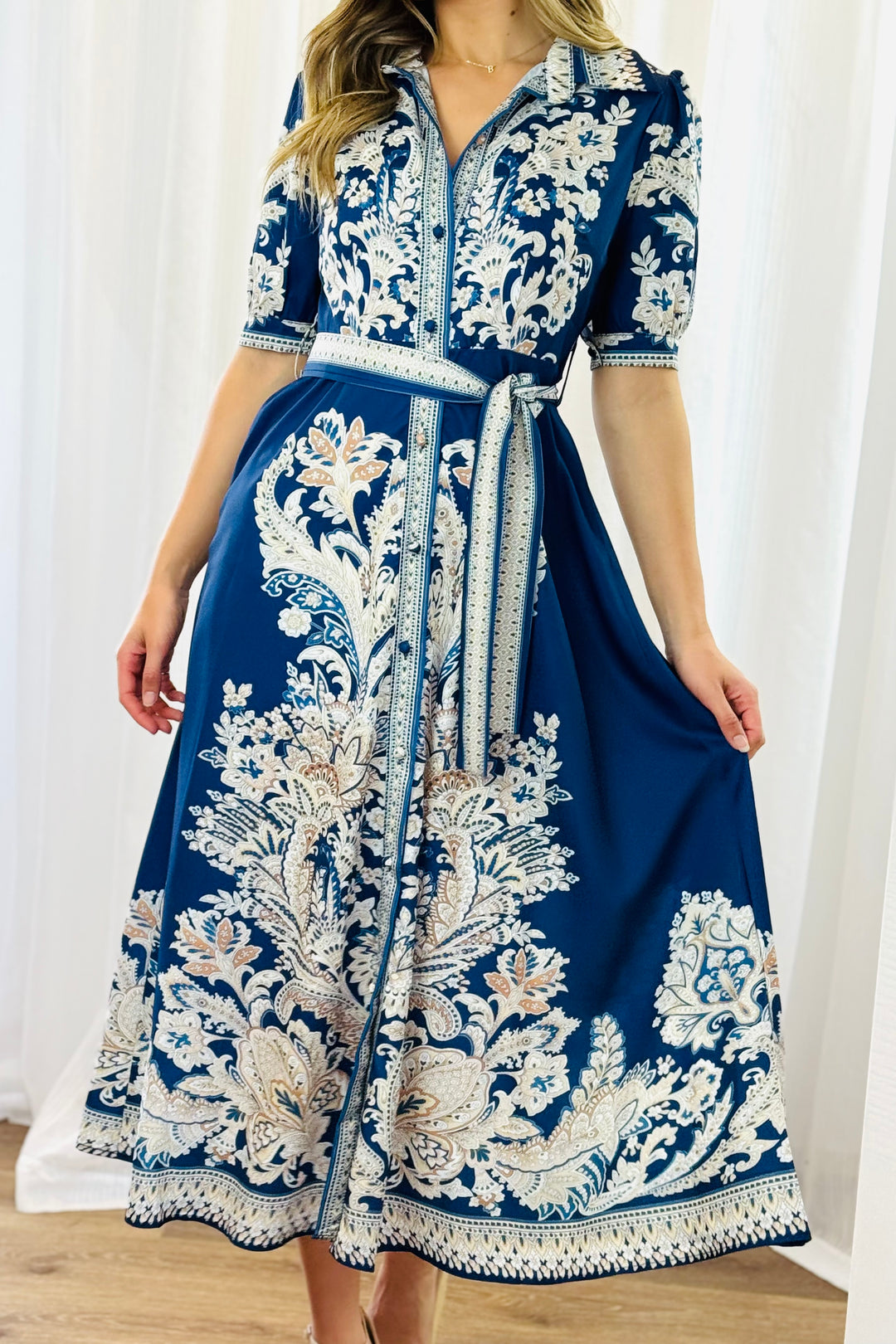 Lopez Embroidered Print Shirt Dress  In Navy