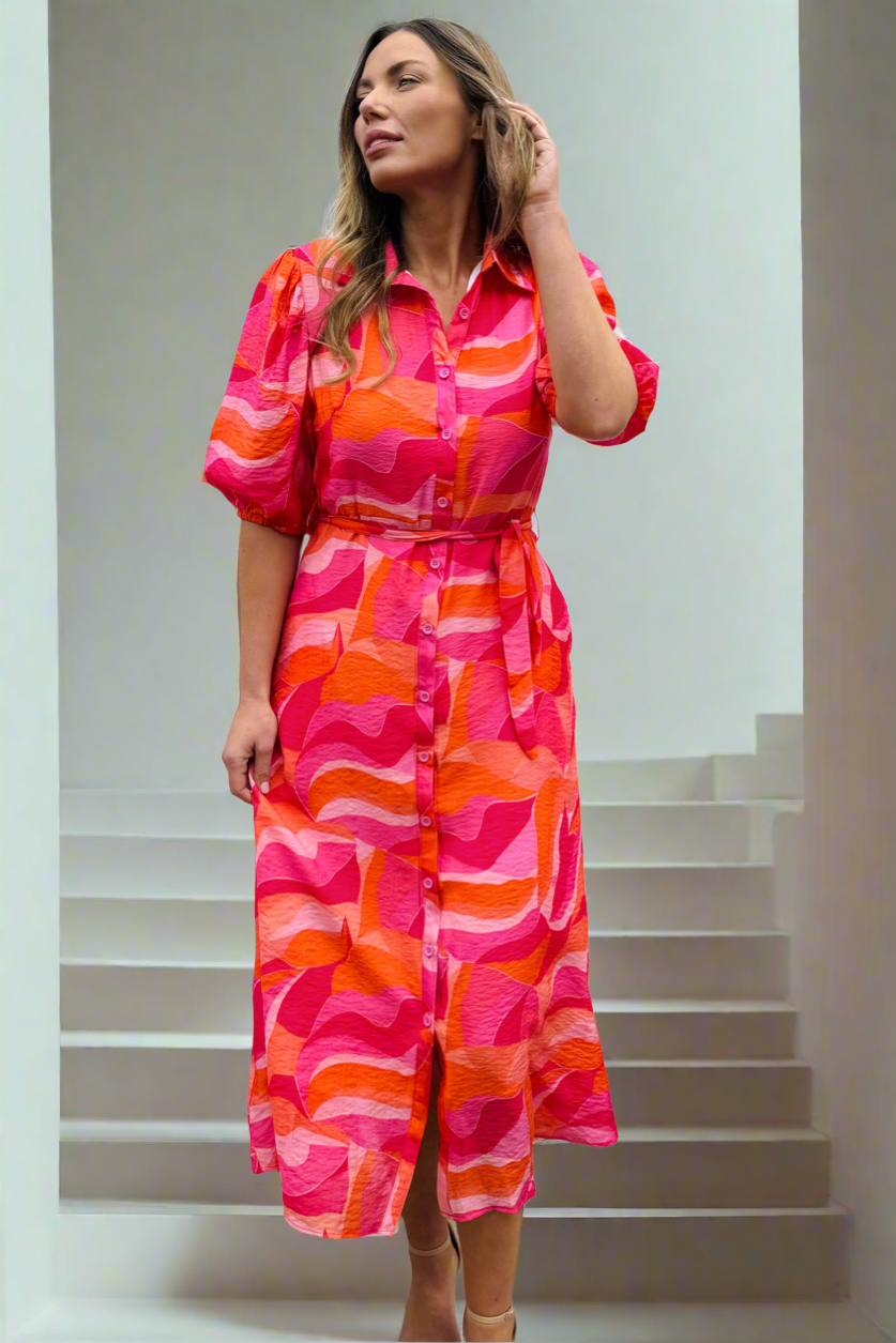 Fallon Shirt Dress In Pink and Orange Multi Print-Coming Soon