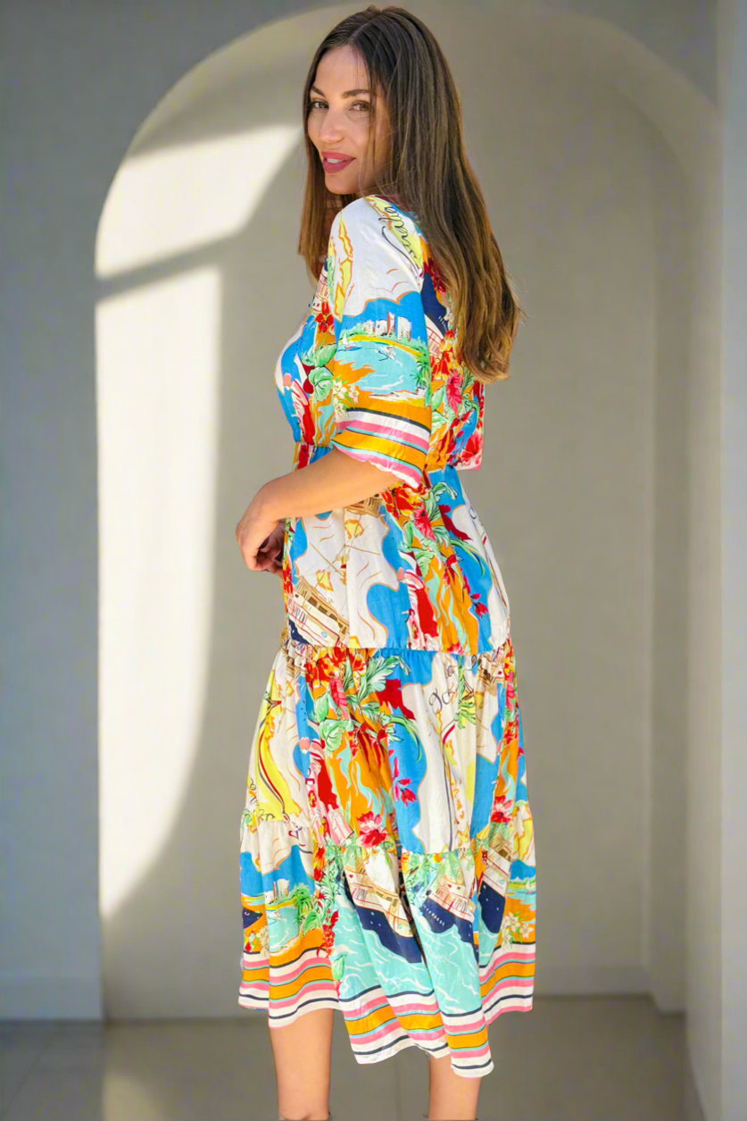 Sorrento Multi Print Drawstring Midi Dress