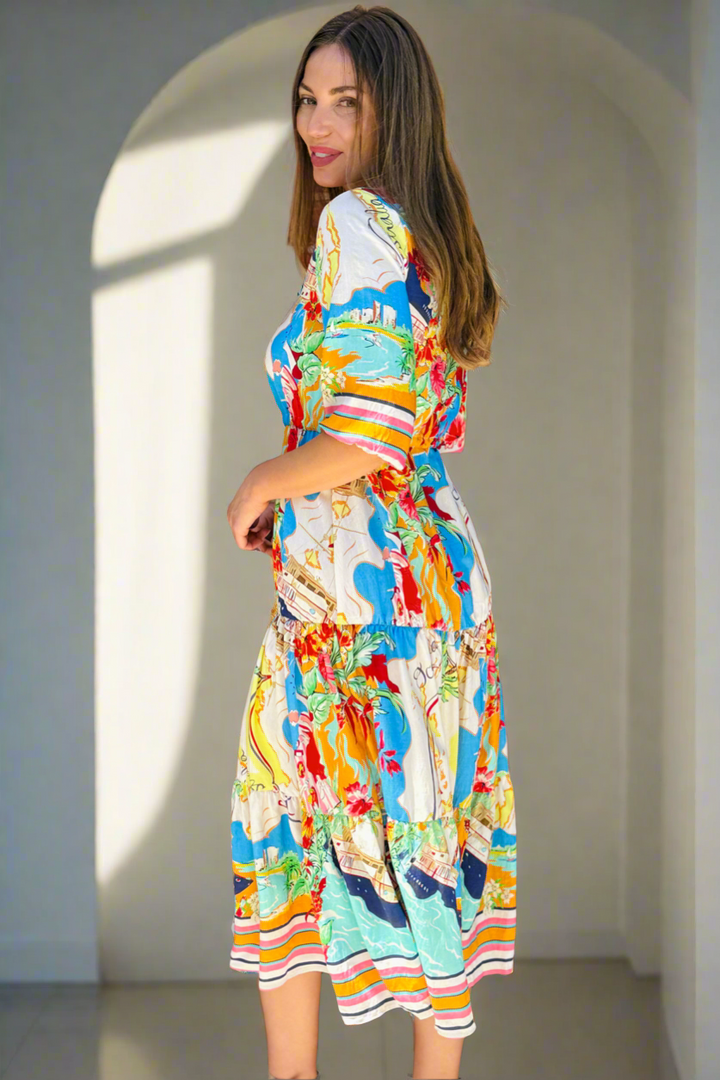 Sorrento Multi Print Drawstring Midi Dress
