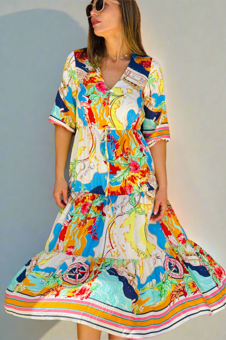 Sorrento Multi Print Drawstring Midi Dress