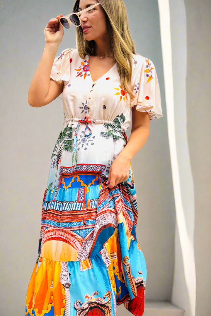 Aly Drawstring Midi in Multi Print