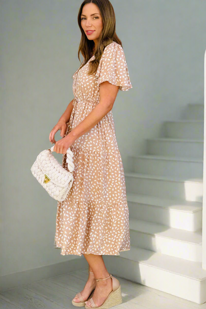 Eliza Midi Dress in Latte and White Spot