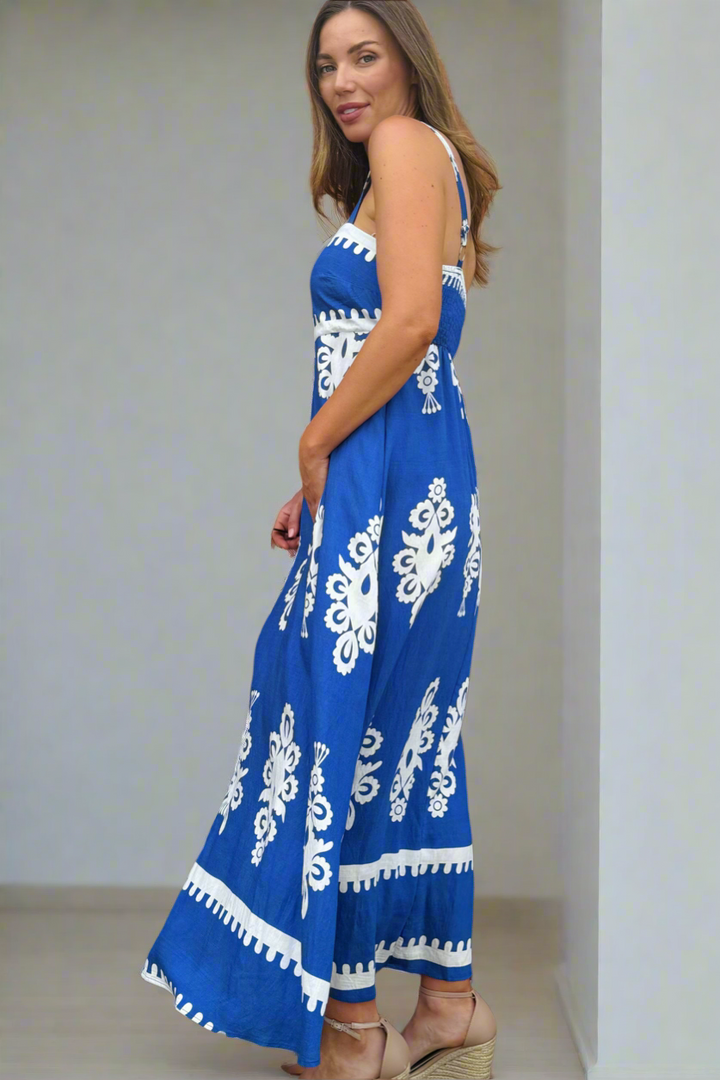 Positano Embroidery Print Maxi Dress in Blue