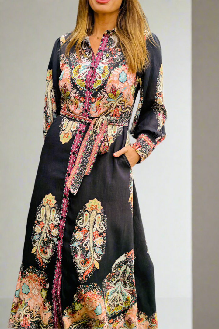 New Arrival -Gidget Black Embroidered Print Dress in Long Sleeve