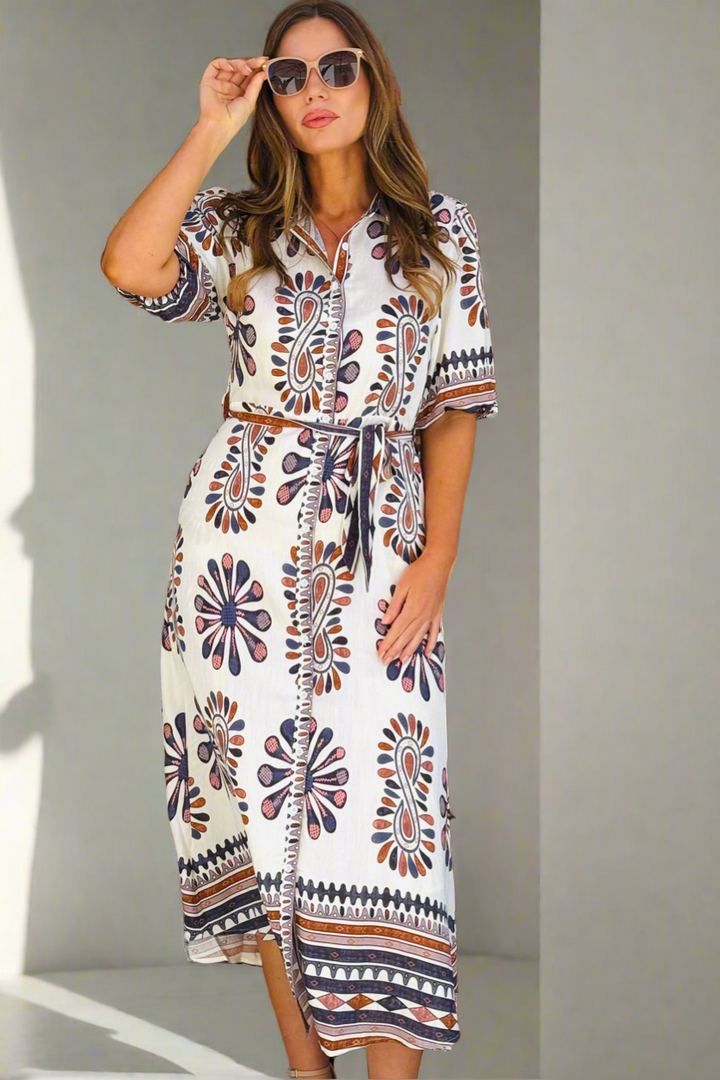 Campbell Midi Shirt Dress in Off White and Dark Navy Print