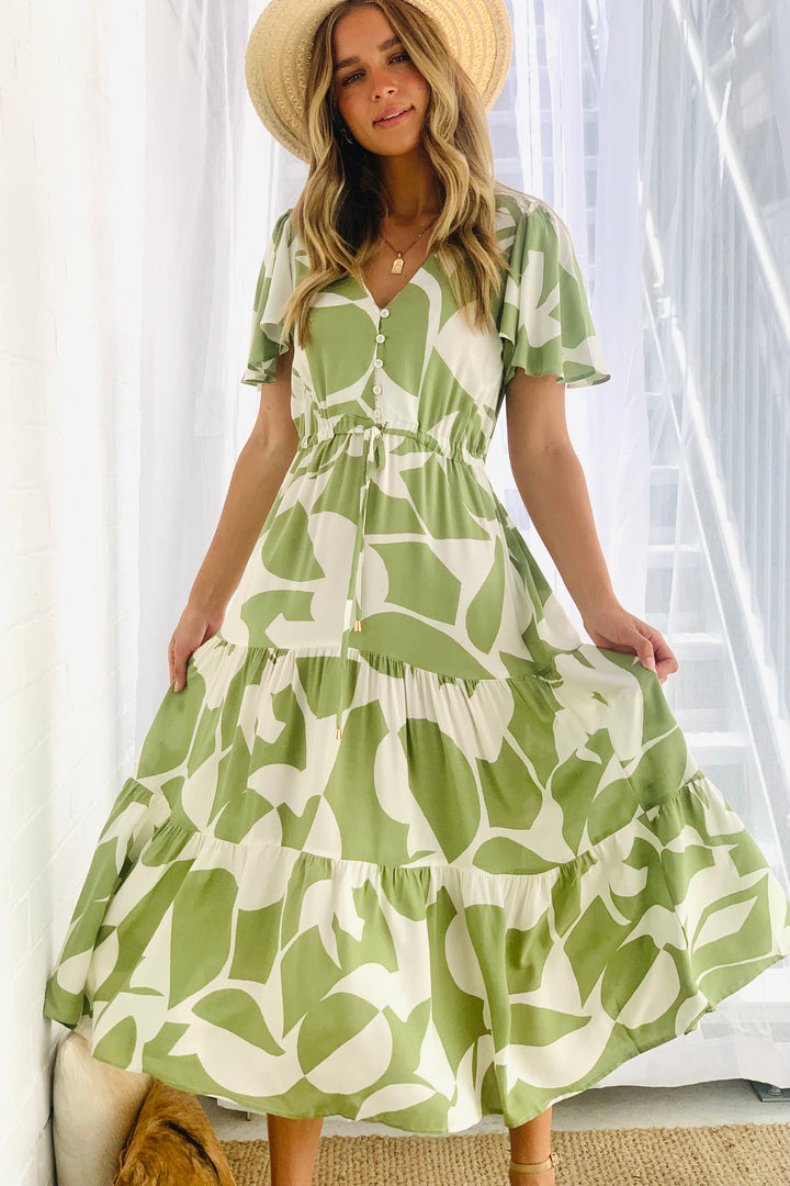 Santorini Midi  Dress In Avocado and Cream Print