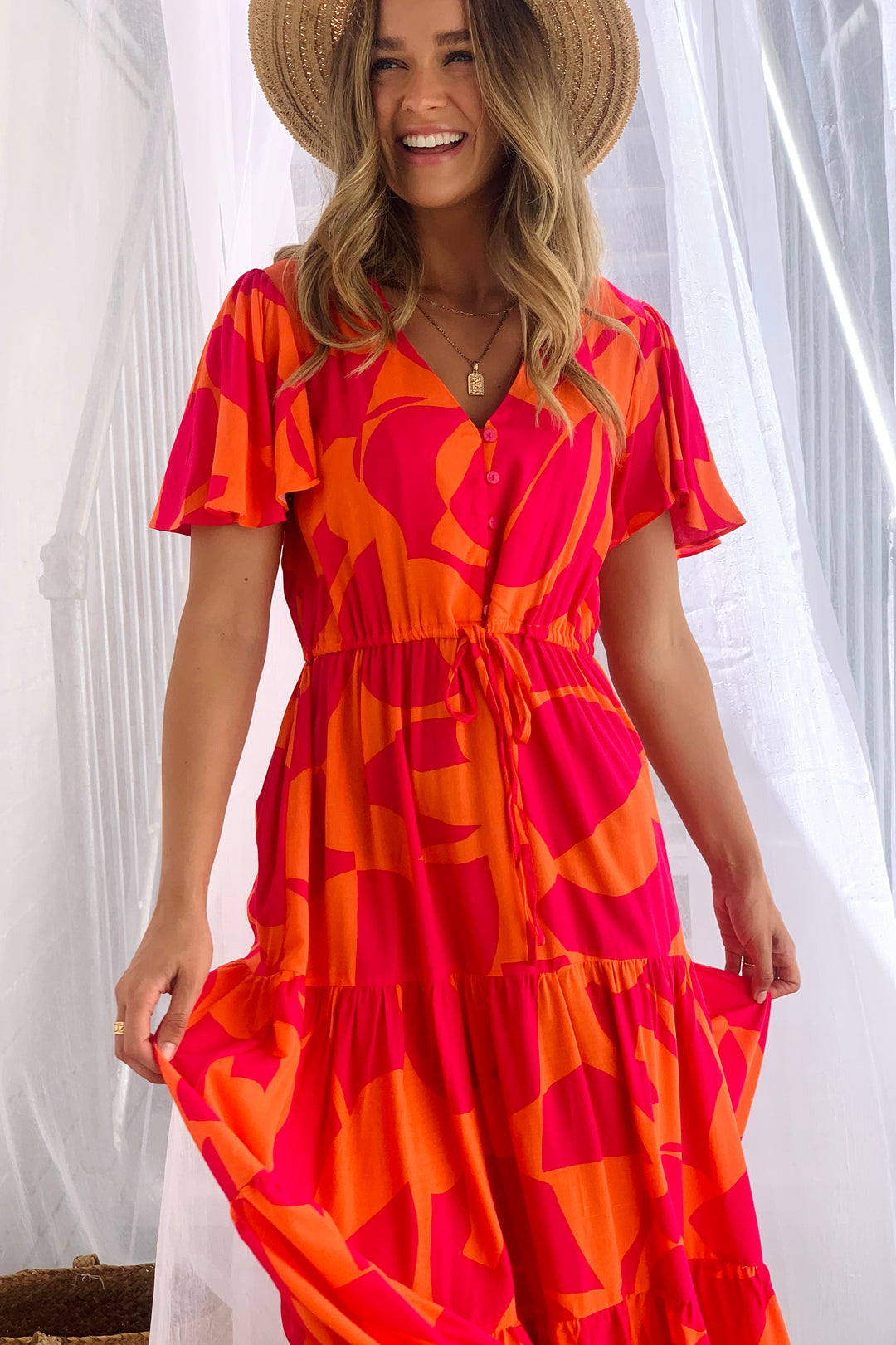 Santorini Midi Dress  in Orange and Hot Pink