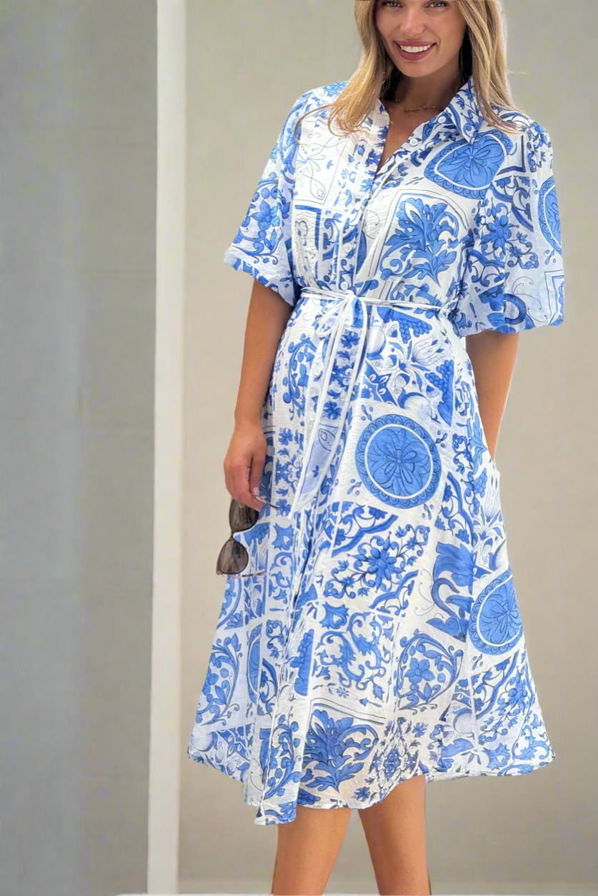 Leah  Dress in Blue and White Print