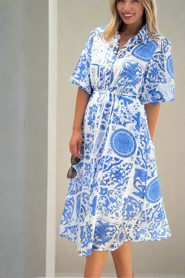 Leah  Dress in Blue and White Print