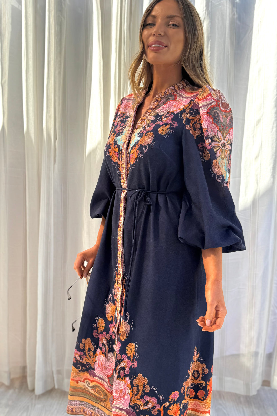 Alani Navy Embroidered Print Midi Dress