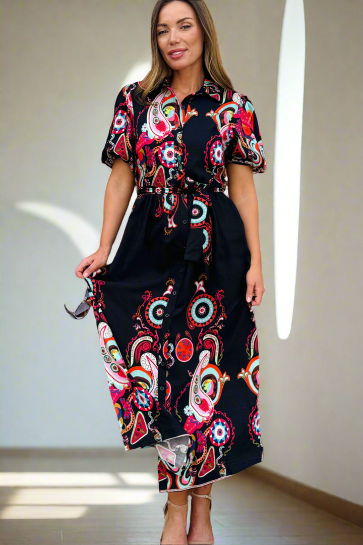 Ebony Printed Shirt Dress in Black Print